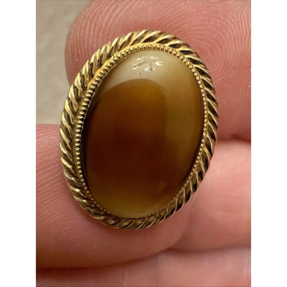 Vintage Agate Marble Rope Border Yellow Gold Plated Cuff Links